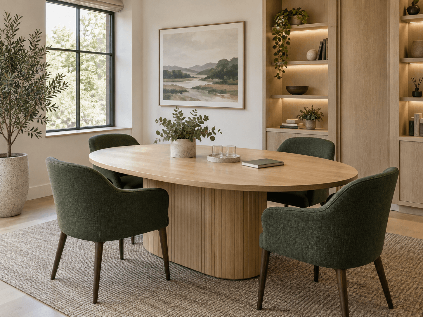 Illustrative meeting room with a timber table and green chairs